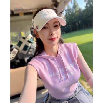 韓版高爾夫針織短袖馬甲 女士戶外帶帽背心時尚高端洋氣百搭上衣