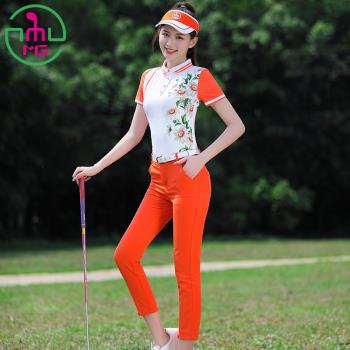 夏季新品MG高爾夫球衣服女套裝短袖印花上衣運動顯瘦橘色九分褲子