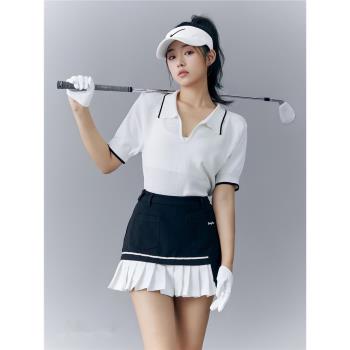 韓版高爾夫球服裝女套裝冰絲白色短袖POLO衫golf速干百褶短裙夏季