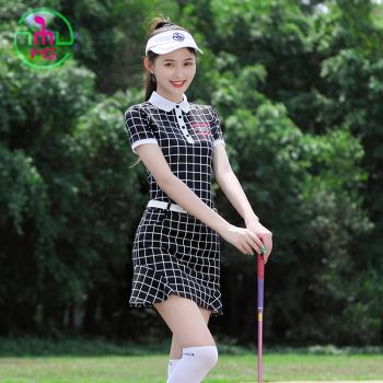 MG高爾夫服裝女夏季球服衣服女裝韓國高端顯瘦套裝黑格子上衣短裙