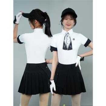 韓版高爾夫網球短袖女百褶裙羽毛球套裝女修身golf女裝上衣女夏季
