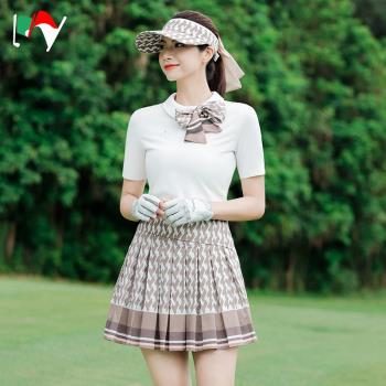 防曬高爾夫球服女士修身高階白色T恤上衣半袖百褶短裙運動套裝女