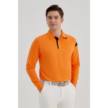 高爾夫長袖T恤男裝翻領運動上衣春秋golf服裝速干透氣polo衫橙色