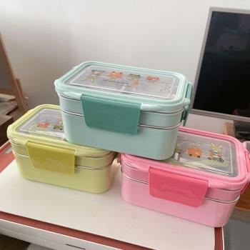 長方形不銹鋼飯盒雙層分隔保溫可愛卡通學生便當盒上班族午餐帶飯