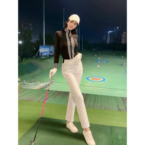 高爾夫女裝秋冬長褲高腰喇叭修身球褲子golf條紋英倫風撞色服裝女