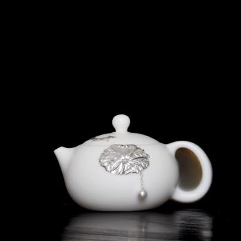 德化羊脂玉鑲銀西施壺手工茶具中國白茶壺陶瓷大號碼單壺白瓷茶器
