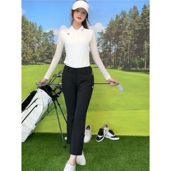 2024新款韓國夏季高爾夫套裝防曬冰絲白色長袖修身顯高黑色長褲