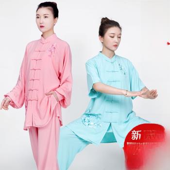 太極服女夏季新款飄逸薄款亞麻棉麻太極拳練功服刺繡服裝短袖夏