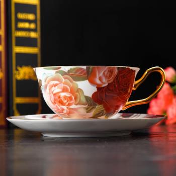 新古典玫瑰月季花茶杯創意公司禮品紀念優雅金邊杯碟勺骨瓷陶瓷杯