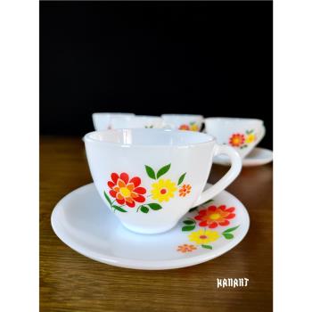 法國Arcopal中古奶玻璃花卉圖案耐熱咖啡杯 法式復古下午茶杯碟