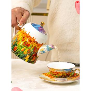 法式田園風油畫鬱金香高骨瓷花邊杯碟陶瓷咖啡杯碟下午茶骨瓷杯