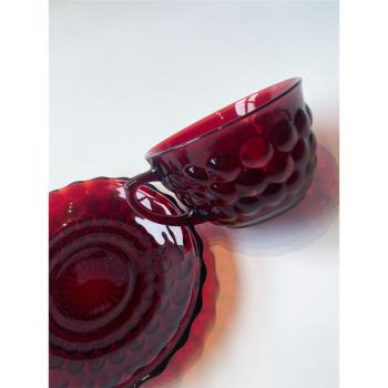 中古杯碟 | Anchor Hocking寶石紅Ruby玻璃咖啡茶杯波點復古杯子