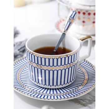 高檔歐式簡約幾何線條陶瓷描金杯碟勺家用下午茶杯咖啡杯碟套裝杯