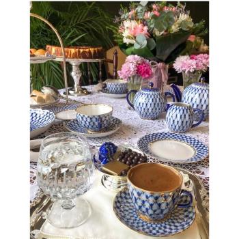 LOMONOSOV俄皇瓷器鈷藍網紋歐式高顏值手繪輕奢咖啡杯碟套裝