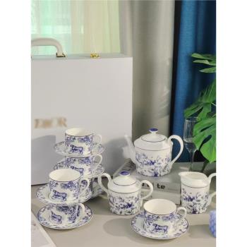 迪奧歐式高端骨瓷咖啡杯碟咖啡壺茶壺套裝適用別墅家用喬遷禮盒裝