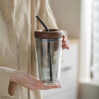 高顏值玻璃吸管杯大容量男女生辦公室水杯雙層耐高溫帶蓋咖啡杯子