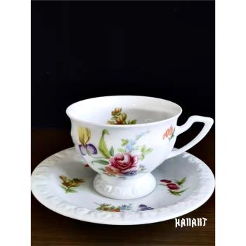 德國盧臣泰ROSENTHAL浮雕玫瑰花彩繪骨瓷咖啡杯高腳杯紅茶杯碟