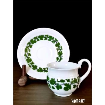 德國古董瓷器Meissen梅森綠葡萄藤葉天鵝手柄咖啡杯茶杯碟一等品