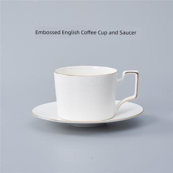 北歐純白浮雕咖啡杯碟金邊陶瓷咖啡具 家用下午茶茶具ins簡約創意
