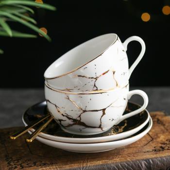 大理石 咖啡杯碟套裝金邊陶瓷咖啡杯家用ins簡約下午茶花茶杯帶勺