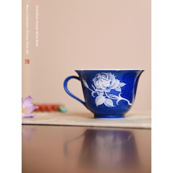初藍舍灑藍堆白玫瑰咖啡杯純手作小杯子水杯高顏值花口杯高端瓷器