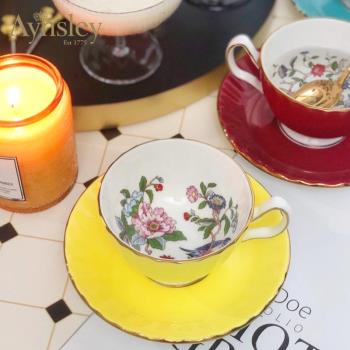 英國Aynsley安斯麗下午茶具輕奢骨瓷咖啡杯描金雀鳥色釉花茶杯碟