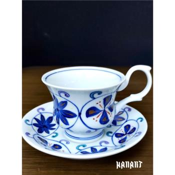日本進口有田燒巖德窯染付花草紋釉下彩咖啡杯碟茶杯日式茶道手繪