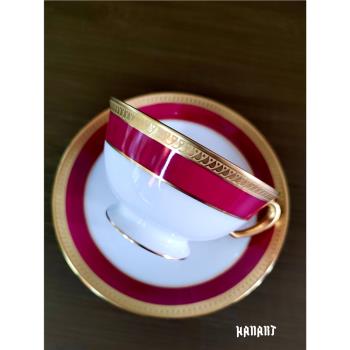 日本大倉陶園OKURA ART CHINA咖啡杯紅色片葉金蝕金彩茶杯碟復古