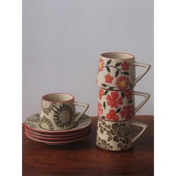 新品/復古冰裂紋咖啡杯碟創意簡約家用杯套裝釉下彩中式下午茶杯