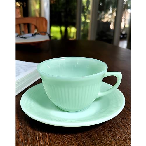美國Fire King花樣年華Jane Ray綠玉色中古奶玻璃咖啡杯茶杯碟