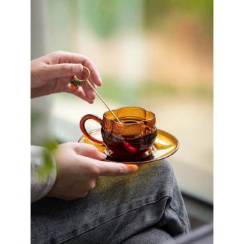 日式復古咖啡杯碟套裝耐熱花茶杯家用創意把手玻璃水杯手沖拿鐵杯