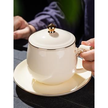 羊脂玉陶瓷精緻伴手禮品帶蓋碟子咖啡杯辦公室杯子喝水杯禮盒套裝