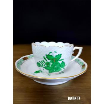 匈牙利HEREND赫倫瓷器綠色手繪花卉阿波尼咖啡 摩卡杯小號茶杯碟