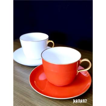 日本大倉陶園OKURA ART CHINA咖啡杯紅白瓷金彩鎏金紅茶杯早餐杯