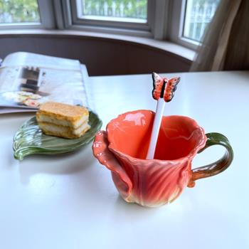 新款釉下彩陶瓷郁金香咖啡杯碟法式下午茶餐具套裝紅茶杯套裝帶勺