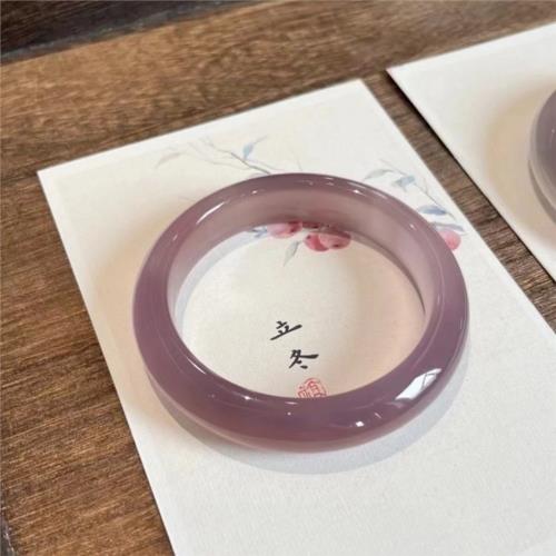 天然馬料冰種帝王紫玉髓手鐲翡翠色瑪瑙葡萄紫煙紫干枯玫瑰扁正鐲|手鐲