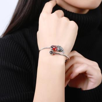 925銀貔貅手鐲女純銀鐲子泰銀石榴石玉髓瑪瑙開口實心銀手鐲簡約