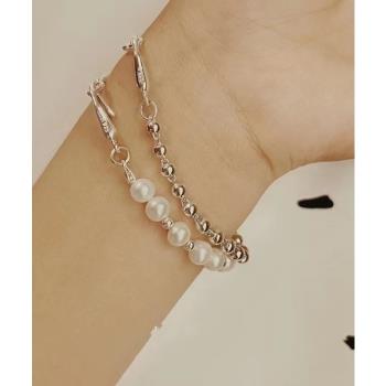 韓國純銀S925天然淡水珍珠拼接手鏈圓珠拼接ins個性冷淡風手鐲女