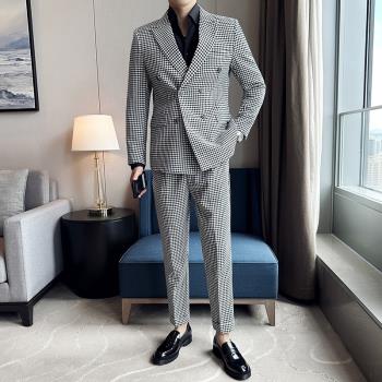 高階新款千鳥格英倫風雙排扣時尚西裝褲子兩件套男士修身西服一套