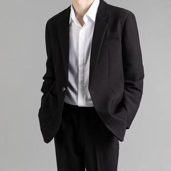 高階感韓版墊肩小西裝外套男士休閑西服新郎服裝百搭簡約正裝黑色