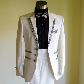 男士白色花邊禮服套裝西裝歌手表演服裝獨唱禮服年會主持服裝3091