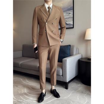 韓版時尚商務正裝西服兩件套英倫復古男士紳士修身雙排扣西裝套裝