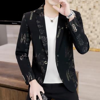 男士春秋季西裝潮流韓版帥氣印花薄款上衣青年修身個性小西服外套
