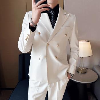 西裝男套裝雙排扣主持人休閑白色禮服潮戧駁領商務修身西裝三件套