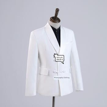 新白色中國風中式盤扣西服套裝影樓拍照攝影修身韓版寫真男士西裝