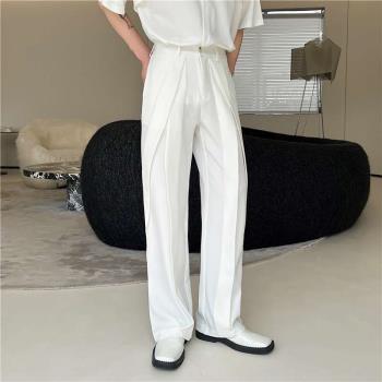 夏季休閑白色高級西裝褲男韓版設計感貼布裝飾墜垂感直筒皺褶長褲