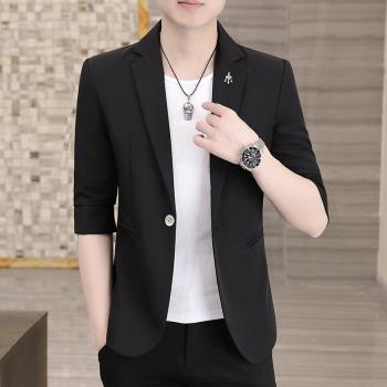 夏季新款男士韓版中袖小西服半袖薄款外套西裝短袖七分袖上衣男潮