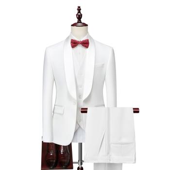 高品質白色青果領新郎禮服大碼西裝馬甲褲子三件套男修身西服套裝
