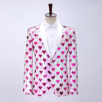 男青果領愛心變色翻亮片西服上衣歌手主持人禮服單西粉色西裝外套