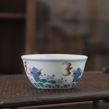 景德鎮仿古成化青花斗彩手繪福壽茶杯品茗杯中式主人杯古玩陶瓷器
